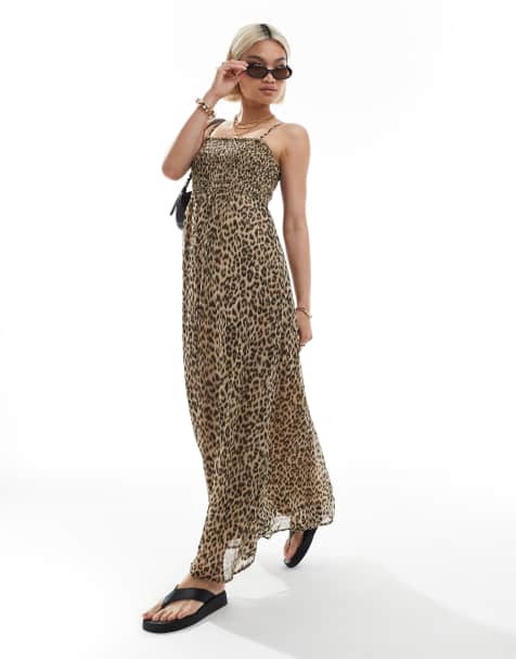 ONLY - Robe longue froncée à fines bretelles - Imprimé léopard - view 1