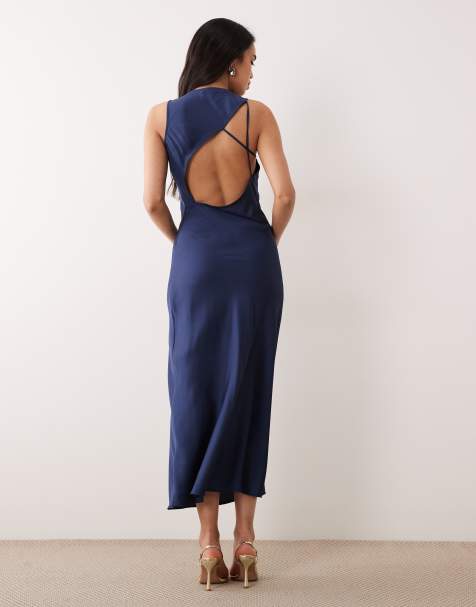 ONLY - Robe mi-longue à col bénitier et détail asymétrique dans le dos - Bleu marine - view 1