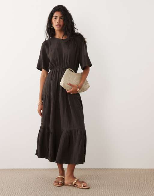 ONLY - Robe mi-longue à volants étagés - Marron chocolat