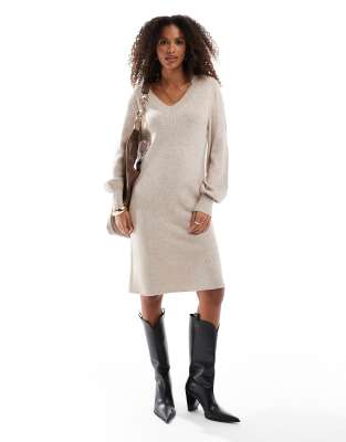 Robe mi-longue en maille à col V - Beige-Neutral 34