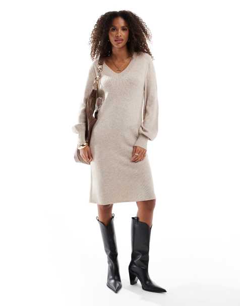 Only - Robe mi-longue en maille à col V - Beige - view 1