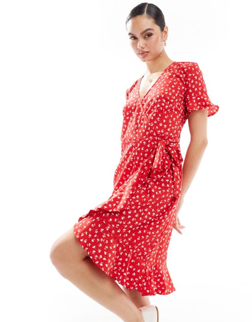 ONLY Robe portefeuille courte à volants Rouge à petites fleurs