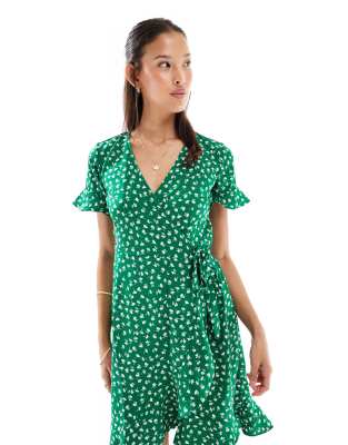 Only - Robe portefeuille courte à volants - Vert à petites fleurs