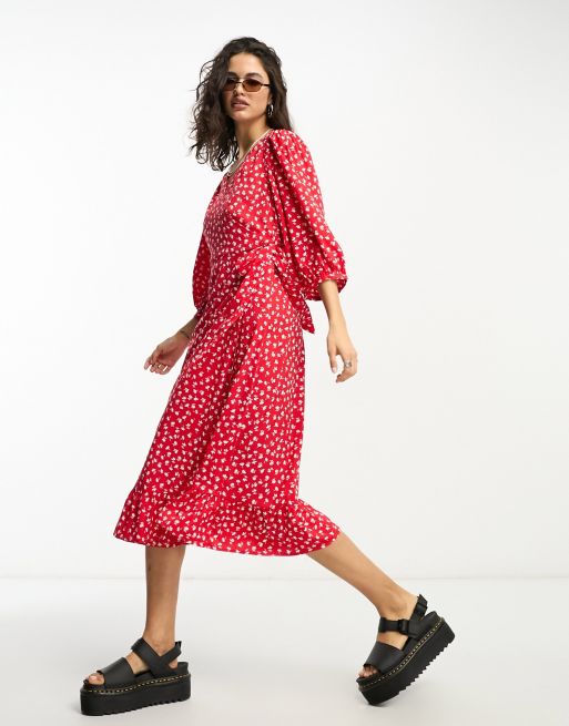 Only Robe portefeuille mi longue manches bouffantes et pois Rouge