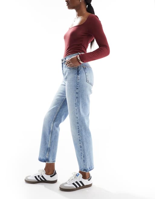 ONLY Robyn high waisted straight leg jeans in mid blue , 3 of 5