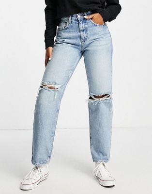 Only Robyn ripped knee straight leg jeans in light blue wash