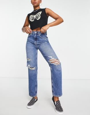 Only Robyn ripped straight leg jeans in mid blue - view 1