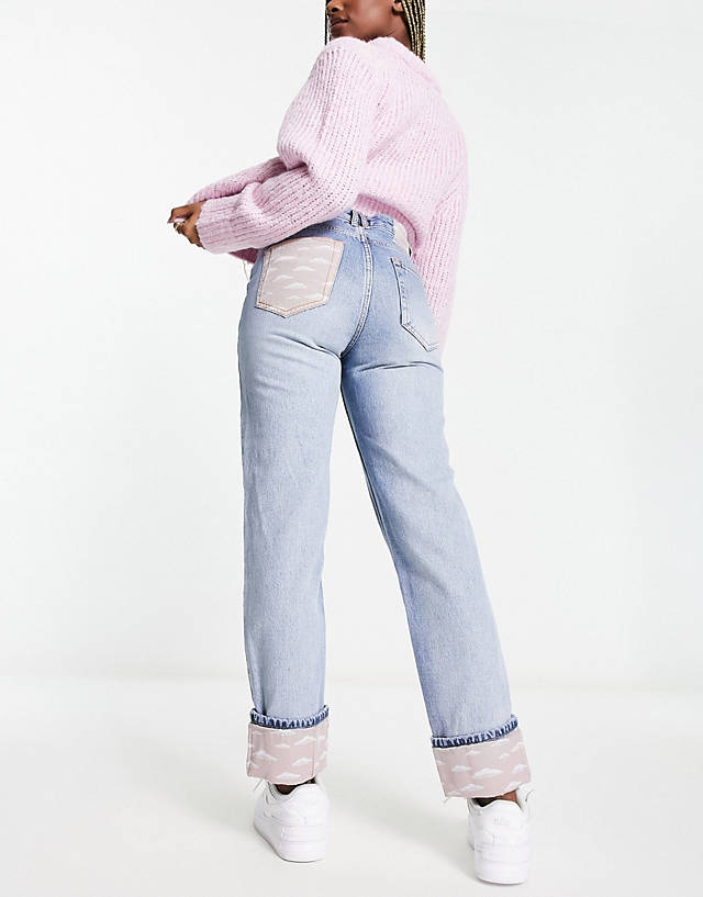 ONLY - robyn straight leg cloud print jeans in mid blue denim
