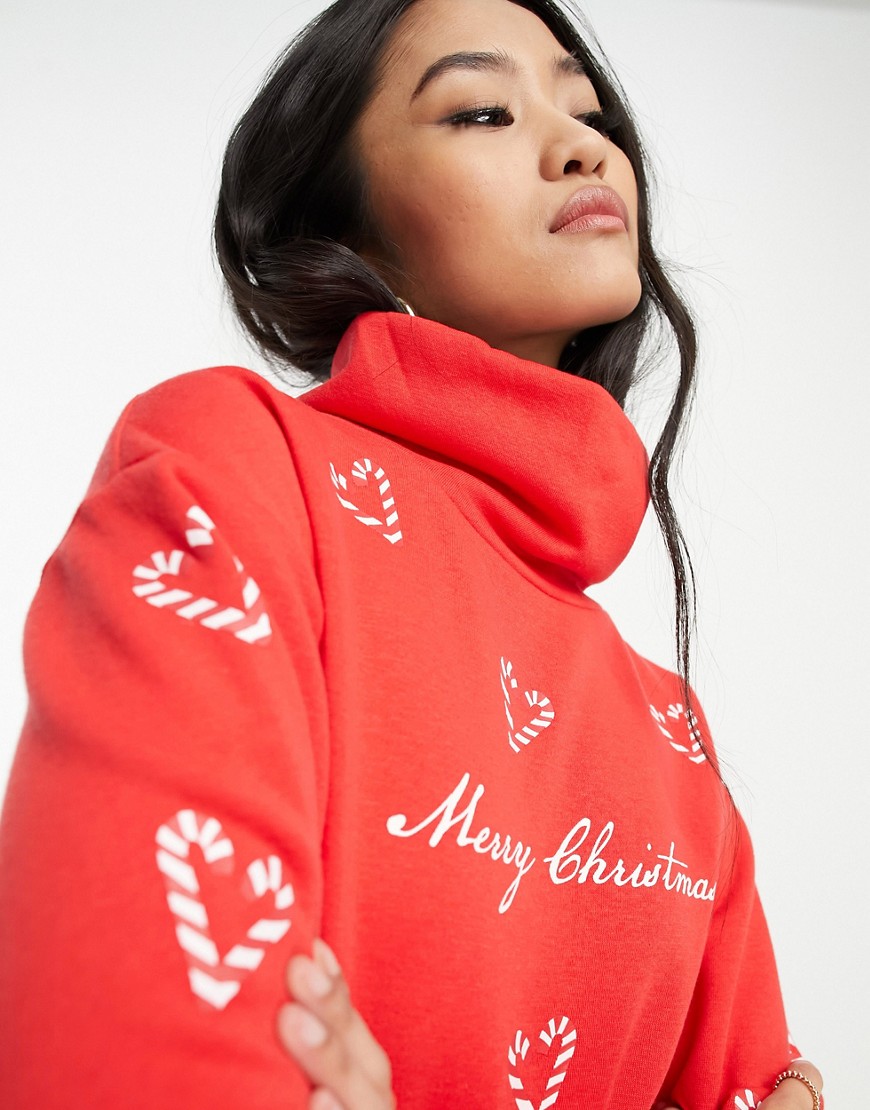 roll neck Christmas sweatshirt with candy cane hearts-Red