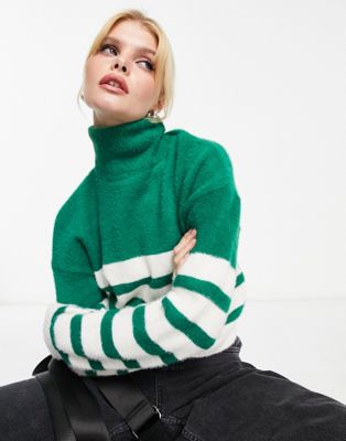 Only roll neck jumper in green and white stripe - ASOS Price Checker