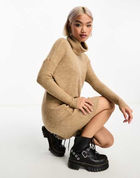 JDY wide neck knitted mini jumper dress in beige