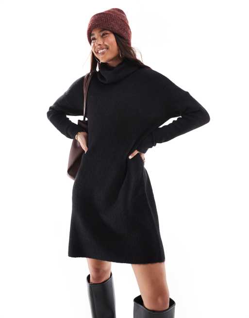 Knitted Jumper Dress With Long Sleeves Black –