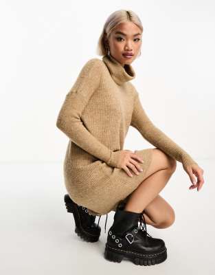 roll neck knitted mini sweater dress in beige-Neutral