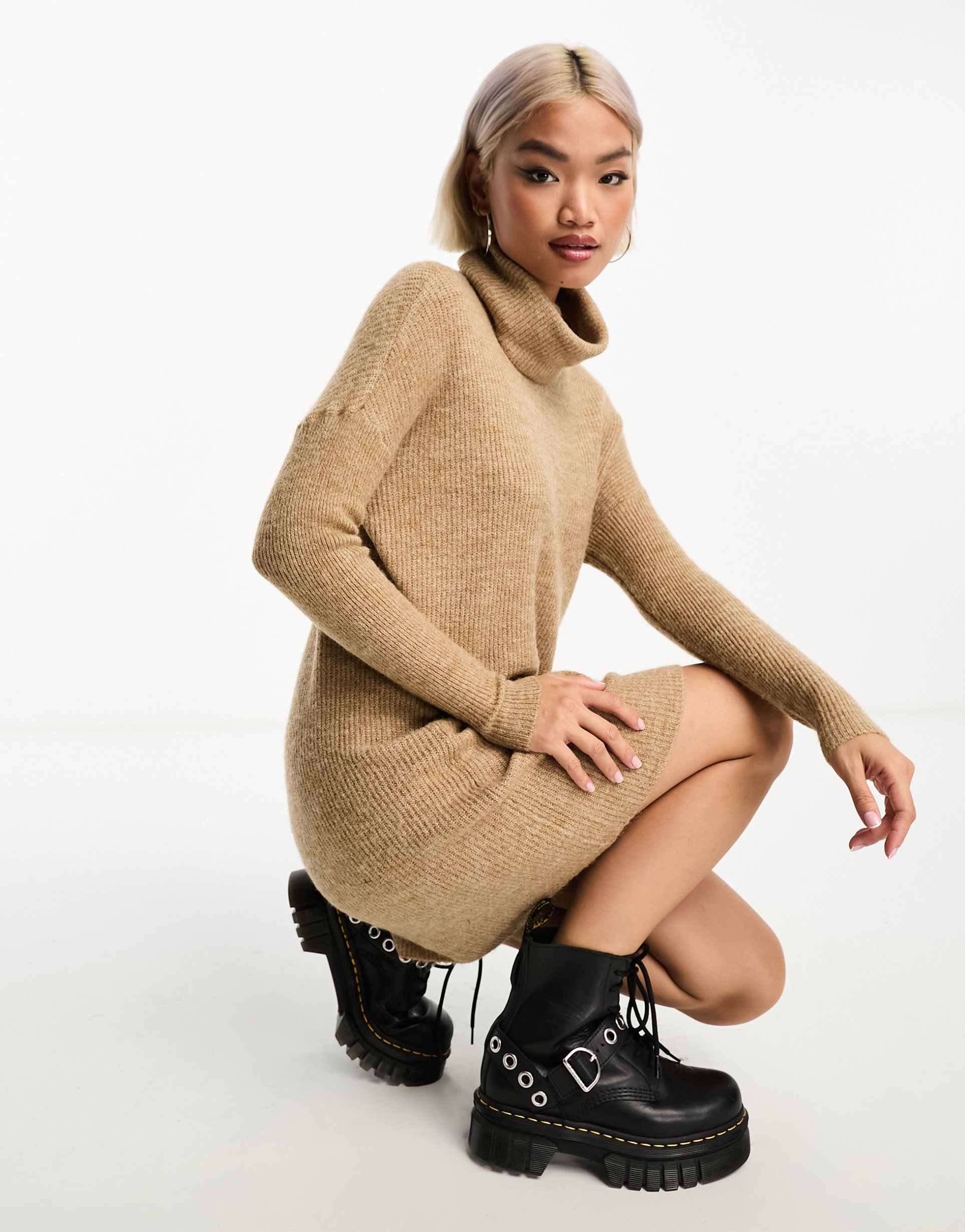 only roll neck knitted mini sweater dress in beige