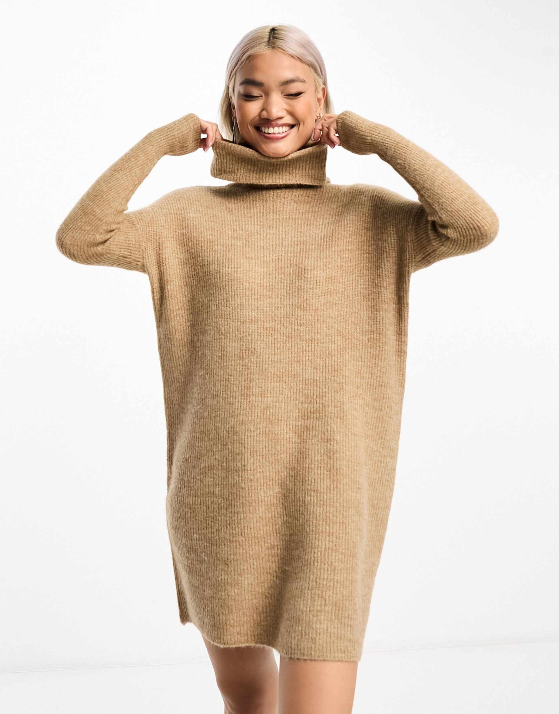 only roll neck knitted mini sweater dress in beige