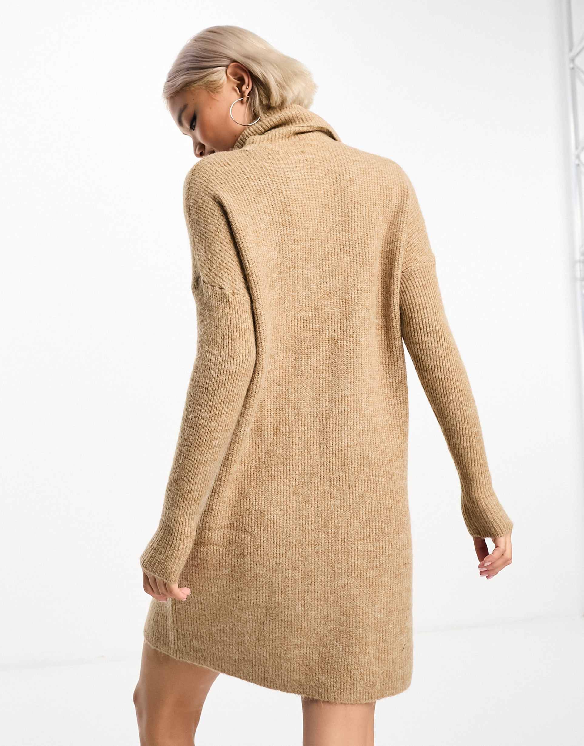 only roll neck knitted mini sweater dress in beige