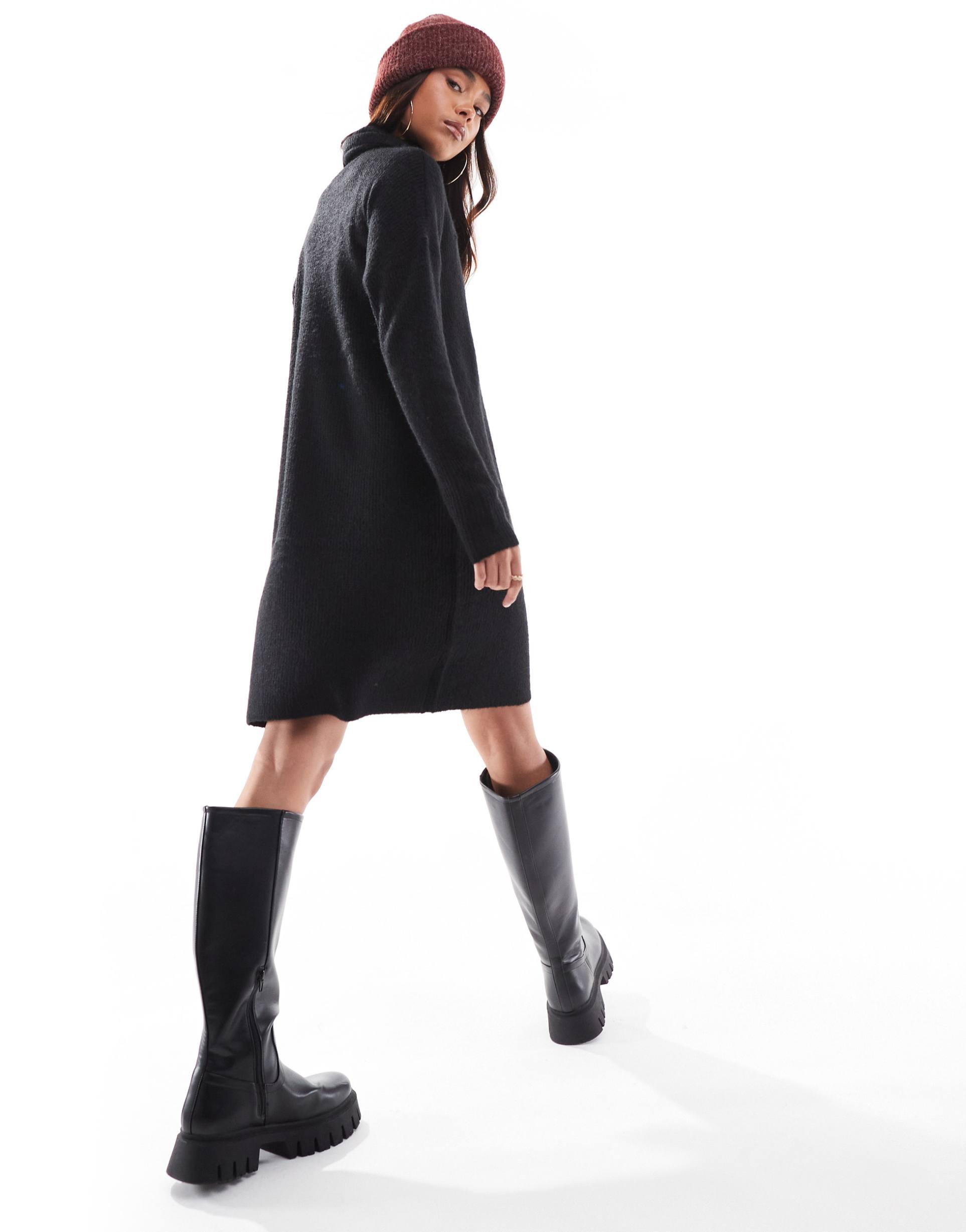 only roll neck knitted mini sweater dress in black