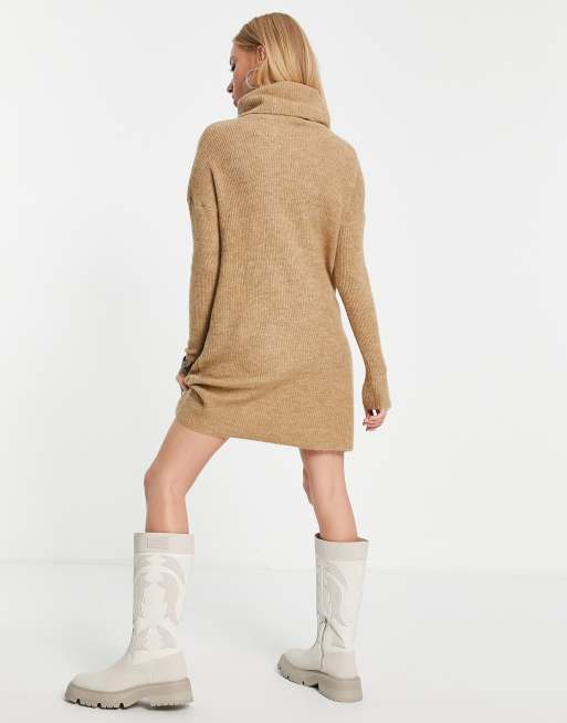 ASOS Design Knit Mini Sweater Dress with Crew Neck in camel-Neutral