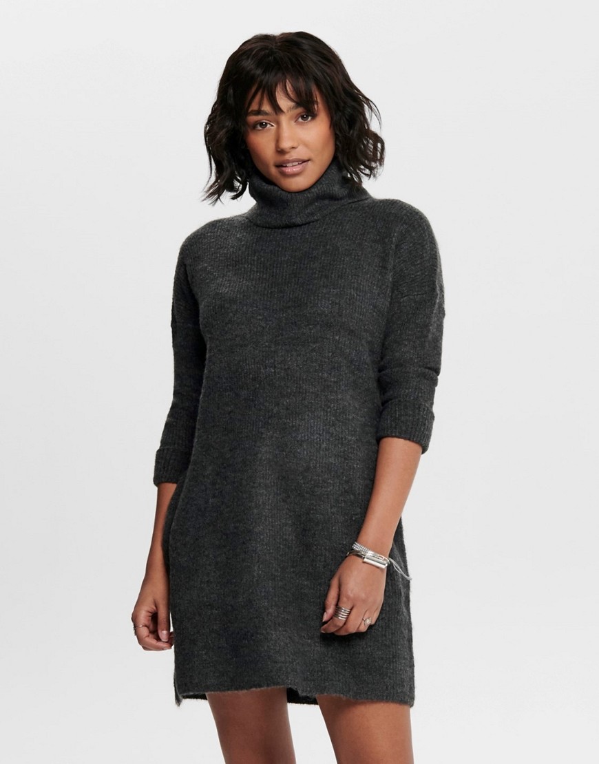 roll neck knitted mini sweater dress in dark gray-Grey