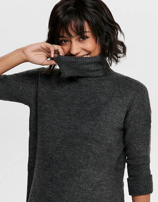 Only roll neck knitted mini sweater dress in dark gray | ASOS