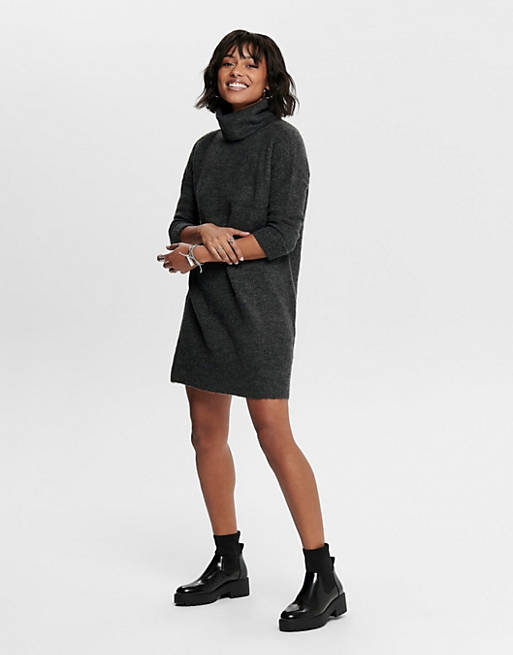 Only roll neck knitted mini sweater dress in dark gray | ASOS