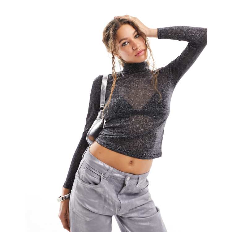 High Neck Mesh Top Glitter Buy Pink High Neck Sparkle Mesh Top (3