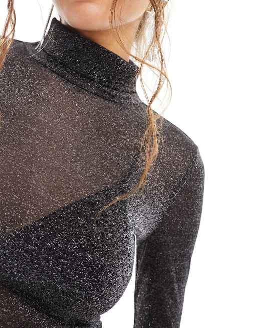 Glittery High Neck Mesh Top Black