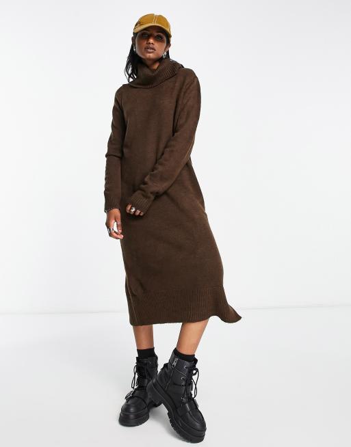 ONLY roll neck midi jumper dress in chocolate brown 