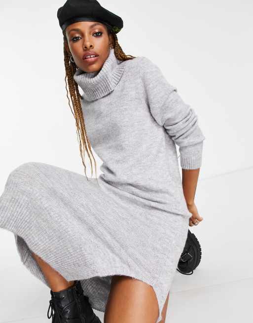 Grey Basic Roll Neck Knit Sweater Dress