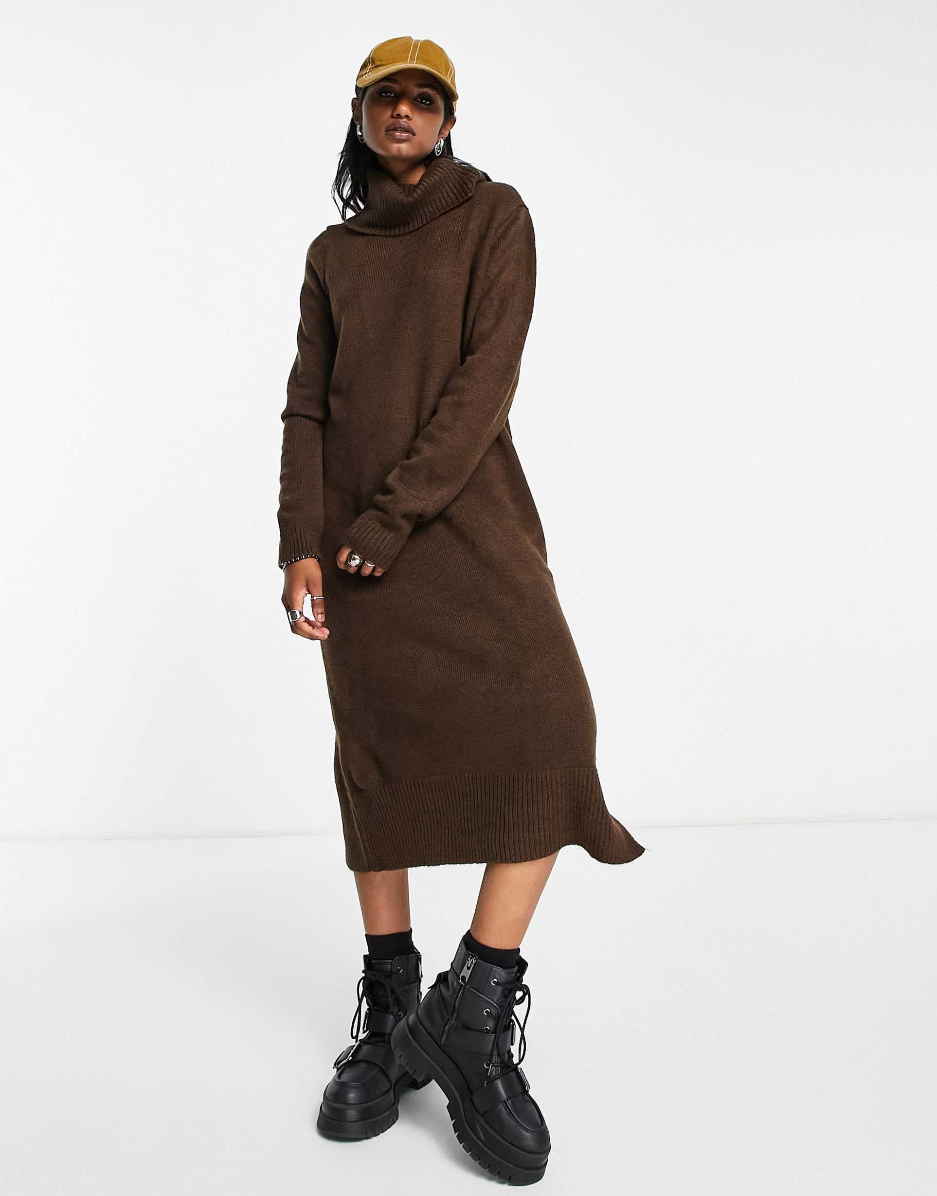 only roll neck midi sweater dress in chocolate brown