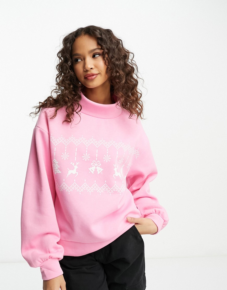 Only roll neck printed Christmas jumper in pink