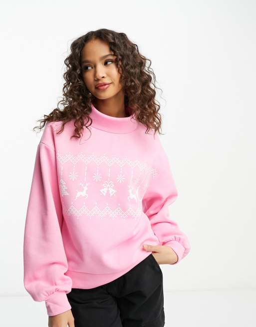 Only roll neck printed Christmas sweater in pink