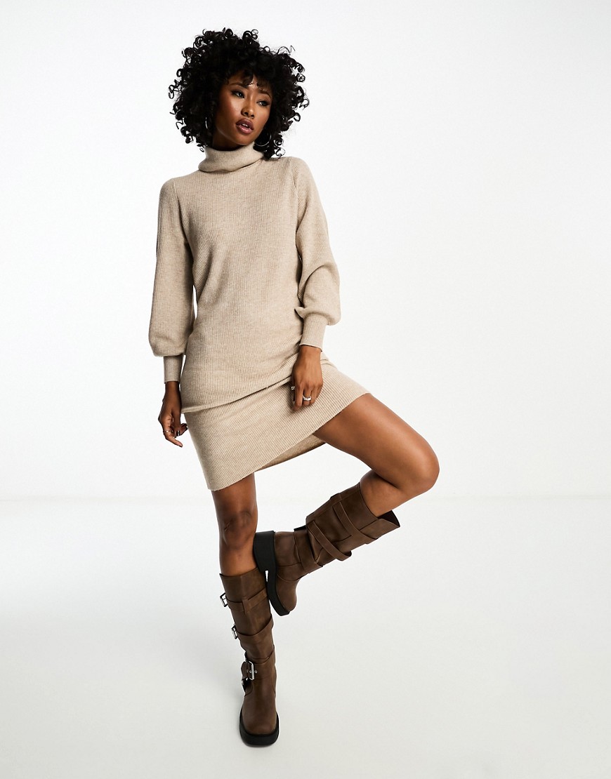 ONLY roll neck puff sleeve knitted midi jumper dress in beige-Neutral