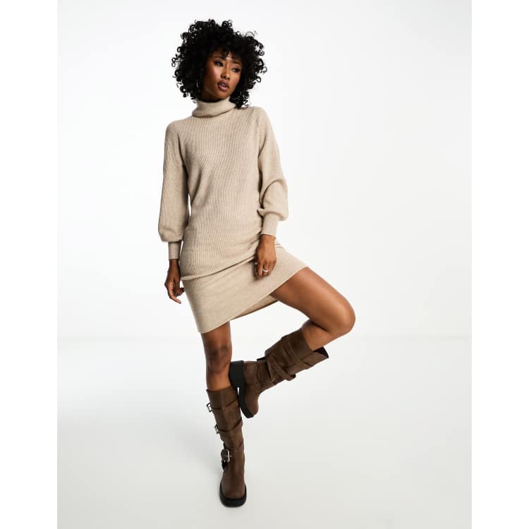 Only roll neck puff sleeve knitted midi sweater dress in beige