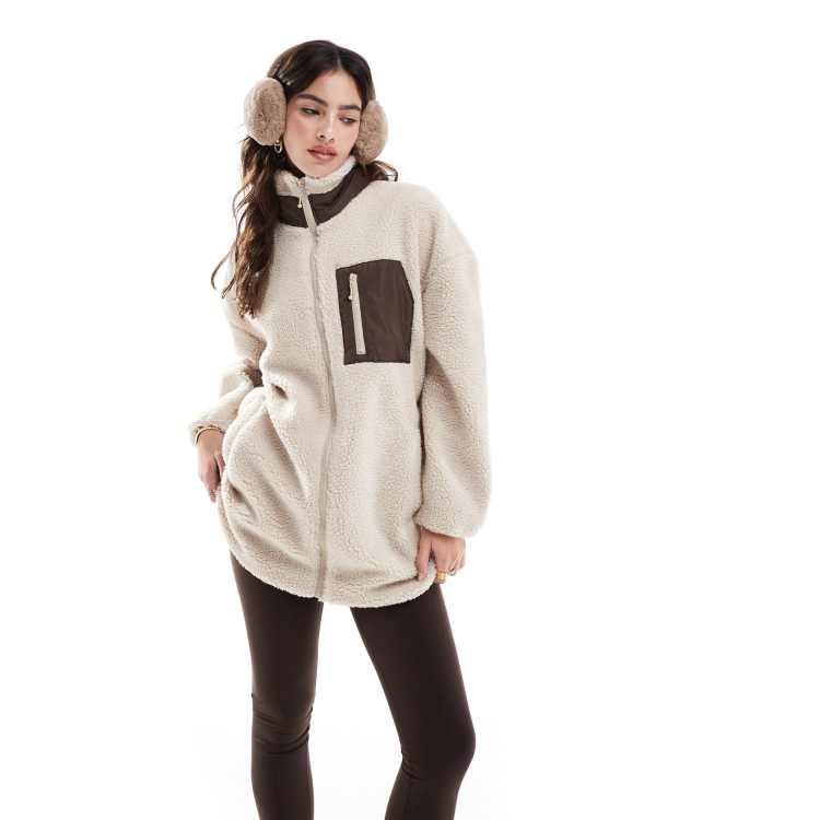 Fold Over Collar Plain Teddy Outerwear