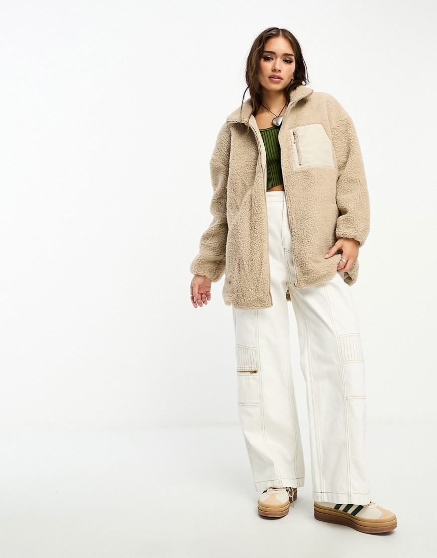ONLY roll neck teddy fleece jacket in beige-Neutral