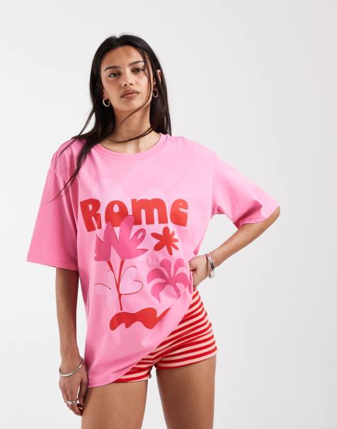 ONLY – Rosa t-shirt i oversize med Rome-tryck - view 1