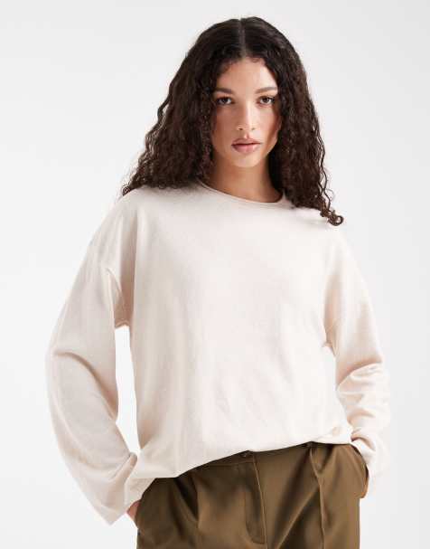 ONLY round neck boxy knit top in cream - view 1