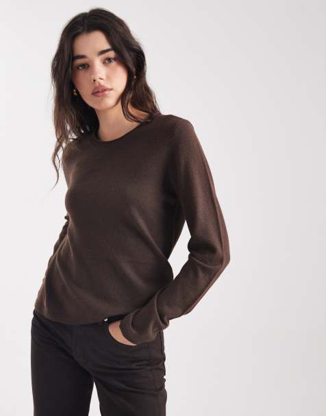 ONLY round neck knit top in chocolate brown - view 1