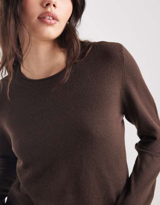 ONLY round neck knit top in chocolate brown, 2 of 4