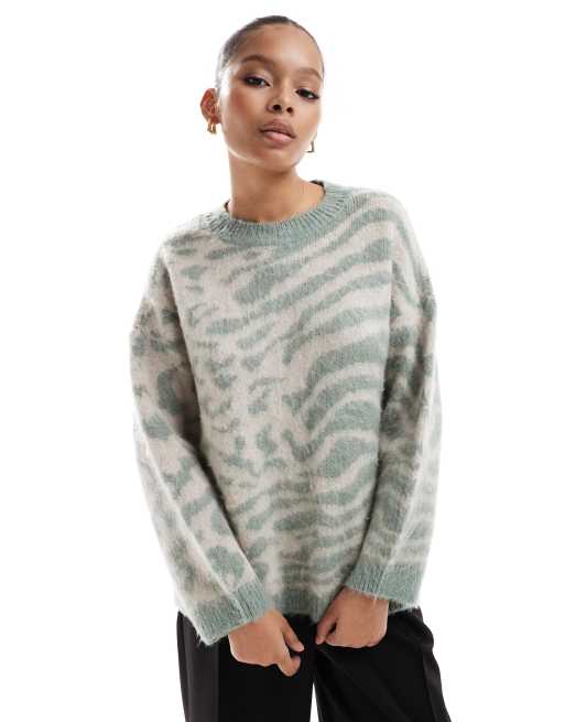 ONLY round neck leopard print sweater in light green and white