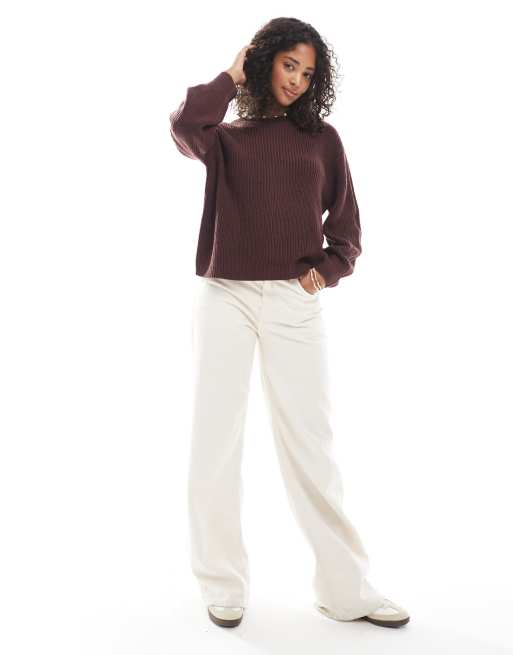ONLY round neck rib knitted jumper in chocolate brown