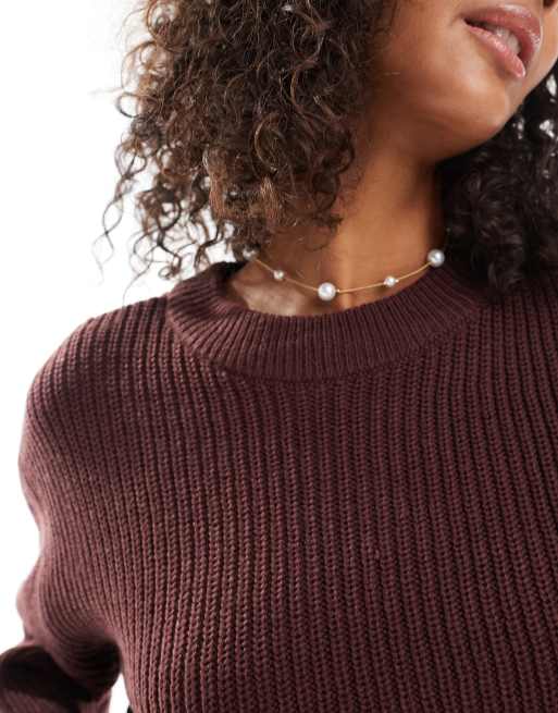 ONLY round neck rib knitted jumper in chocolate brown