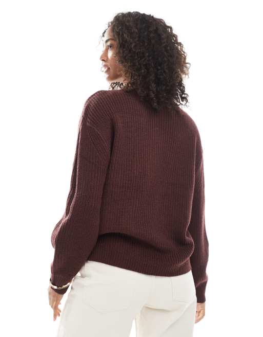 ONLY round neck rib knitted jumper in chocolate brown