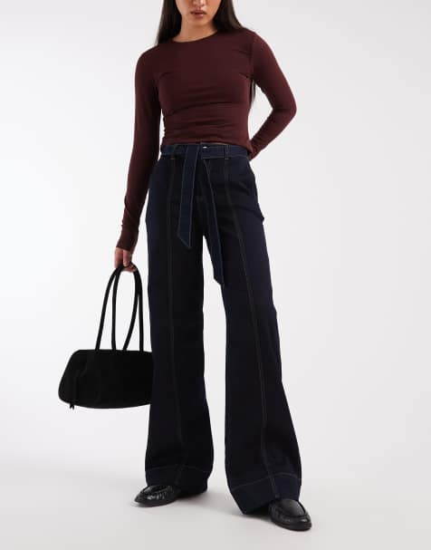 ONLY Royal belt detail wide leg jeans in indigo