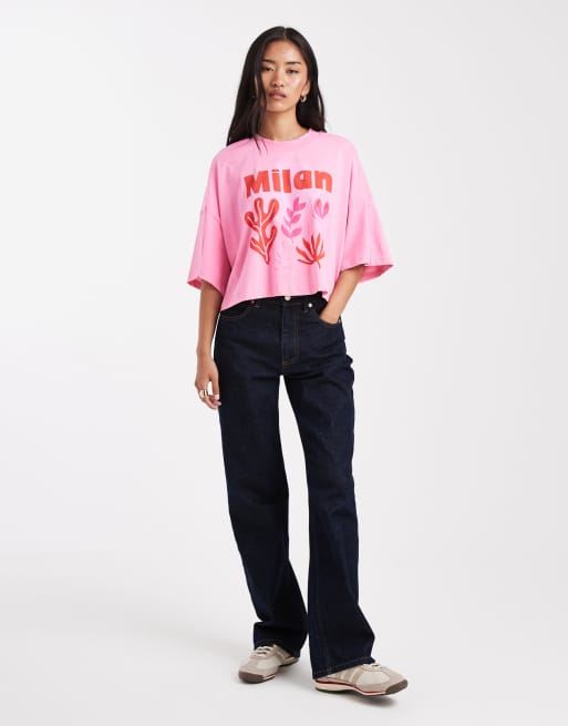 ONLY – Różowy krótki T-shirt z grafiką z napisem Milan, 2 z 4