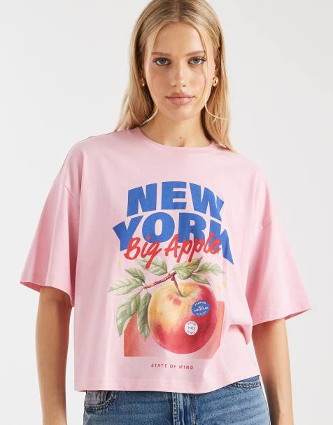 ONLY – Różowy pudełkowy T-shirt z nadrukiem jabłka - view 1