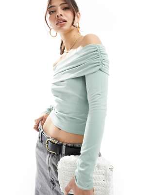 Only Ruched Detail Bardot Top In Light Sage-blue