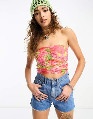 Only ruched detail cropped mesh bandeau top in multi floral