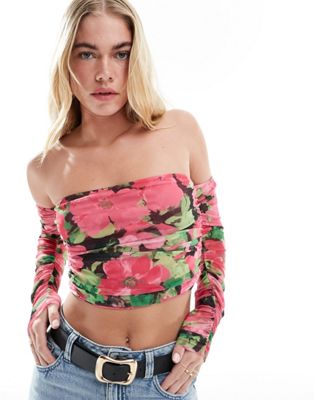 ONLY ruched detail mesh cropped bardot top in multi floral